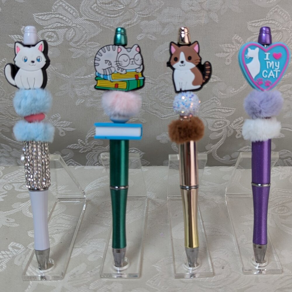 Beaded Pen YOU PICK White Cat, Book Cat, Brown Tabby Cat, I love My Cat